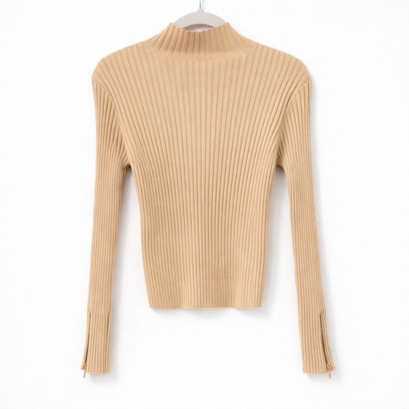 90s Tan Silk Blend Ribbed Mock Sweater Rhinestone zipper Women’s M Y2K Old Money - Picture 2 of 9